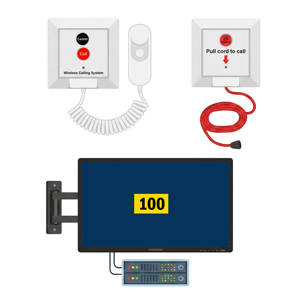 Boenci nurse calling devices — bedside call unit, bathroom pull cord, and nurse station display